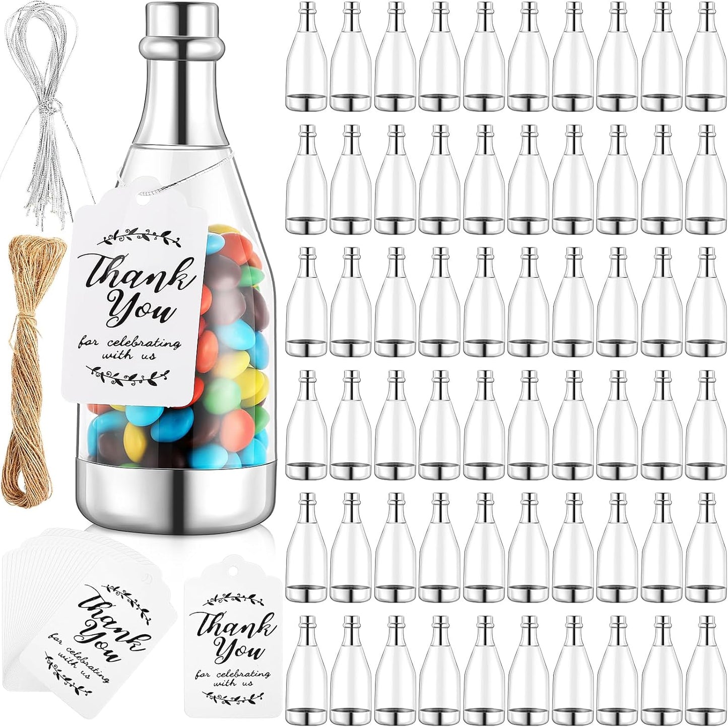 Gerrii 100 Pcs Silver Champagne Bottle Container Set, Mini Champagne Candy Bottles Plastic DIY Favor Candy Jars with Tags Party Favor Containers for Baby Shower Bridal Wedding Birthday Party