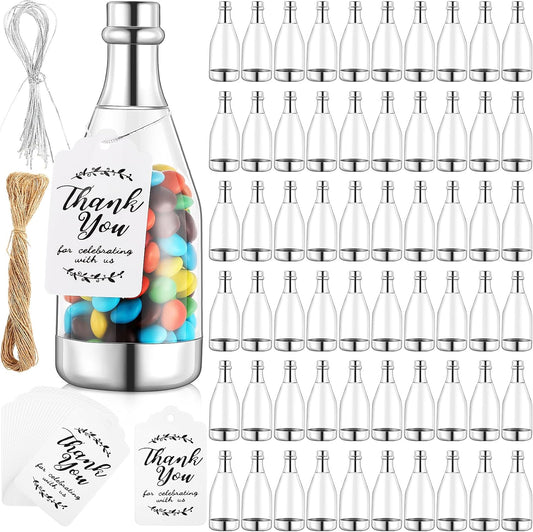 Gerrii 100 Pcs Silver Champagne Bottle Container Set, Mini Champagne Candy Bottles Plastic DIY Favor Candy Jars with Tags Party Favor Containers for Baby Shower Bridal Wedding Birthday Party