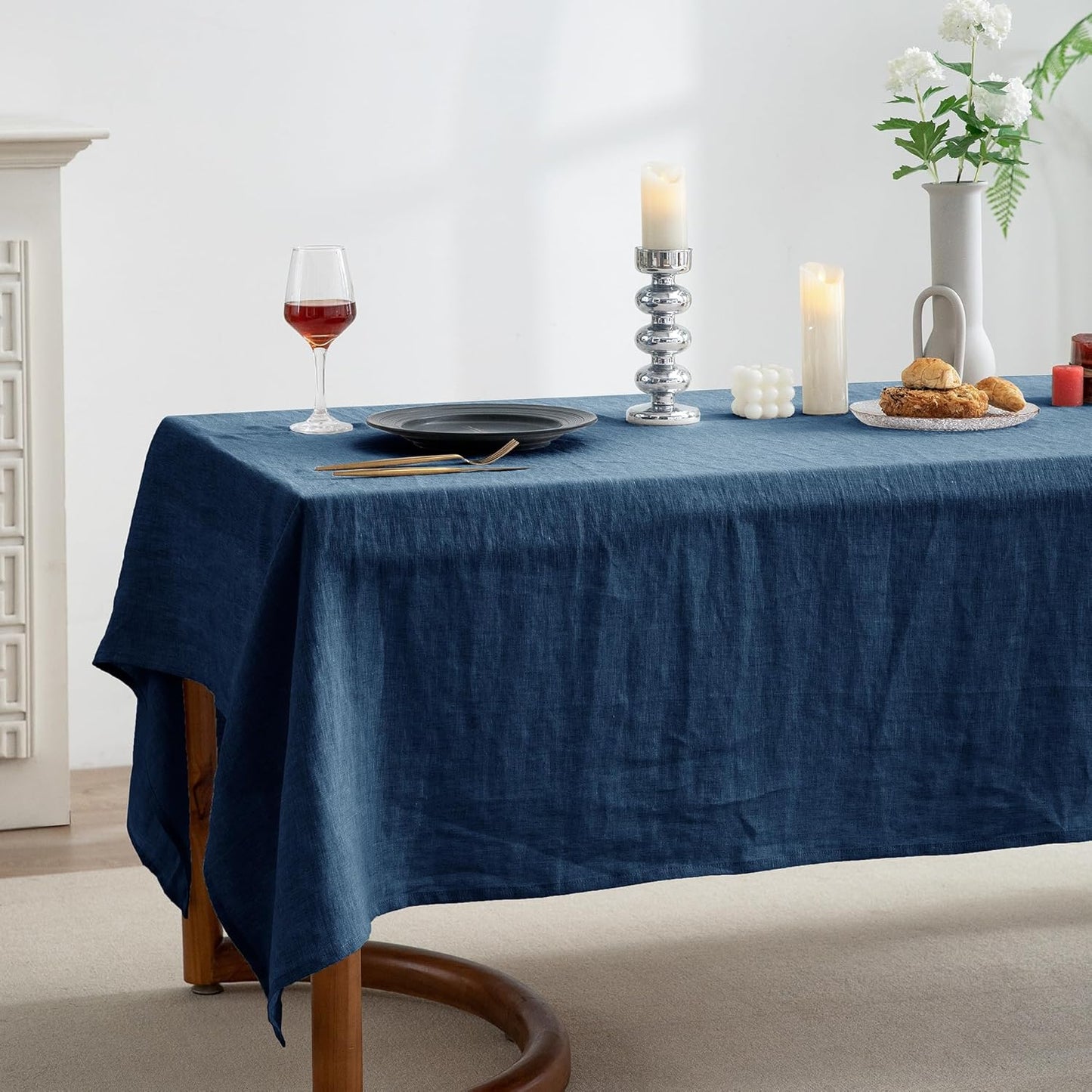 EVERLY 100% Pure Linen Rectangle Tablecloths 60x84Inches for Dining,Buffet Parties,Picnic,Events,Weddings and Restaurants,Decorative Halloween,Thanksgiving Machine Washable Tablecloths-Navy Blue