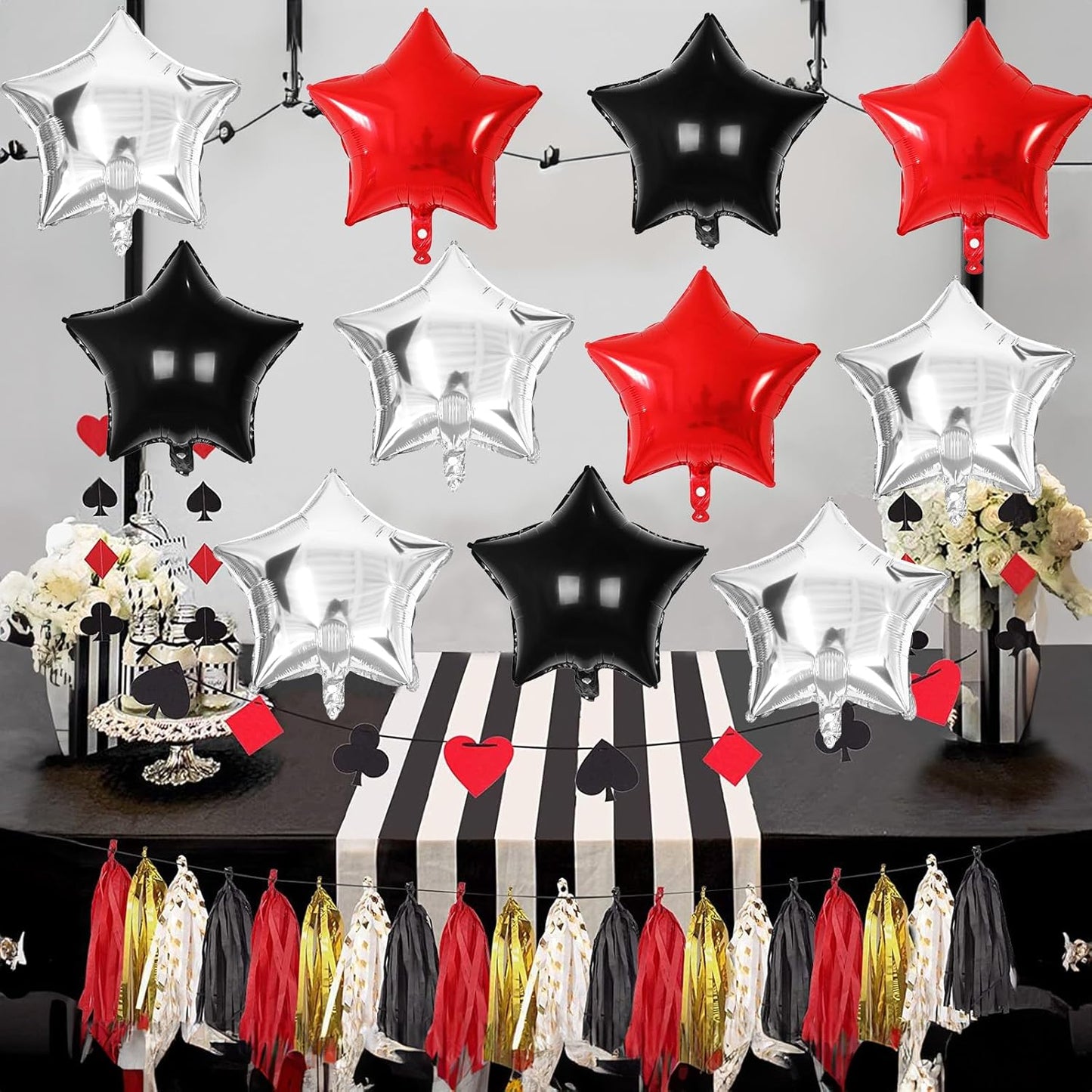 Black Red Star Balloons, 18 Inch 12Pcs Black Red and Metallic Silver Star Shape Foil Balloon, Large Helium Pentagram Balloons for Kids Birthday Casino Racing Car Poker Theme Halloween Party Decor