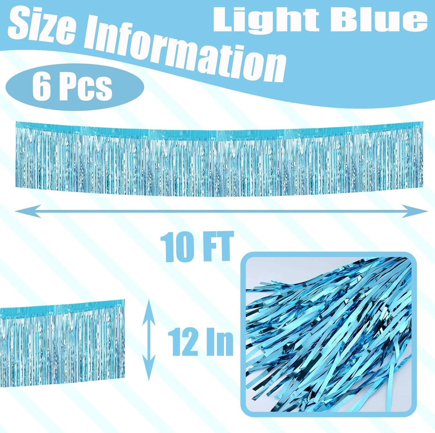 6 Pack 10 Feet Foil Fringe Garland Metallic Tinsel Streamers Banner Wall Hanging Curtain Backdrop Banner for Parade Floats, Thanksgiving, Christmas, Birthday, Halloween Party Decorations(Light Blue)