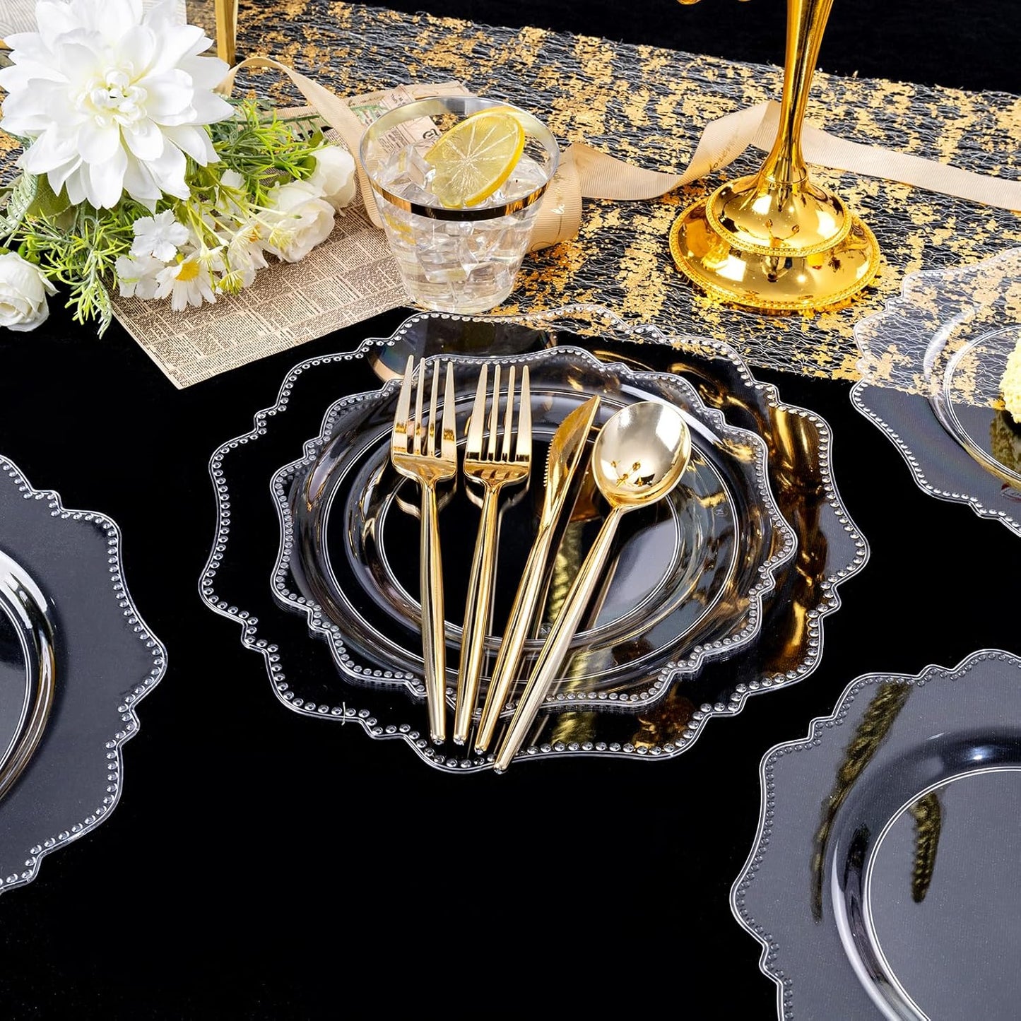 COLOSUS 350pcs Clear Plastic Plates Disposable Gold Cutlery Dinnerware set for party: 50 Dinner Plate, 50 Dessert Plate, 50 Per Rolled Napkins with Gold Silverware, 50 Cups 9 OZ for Wedding & Party
