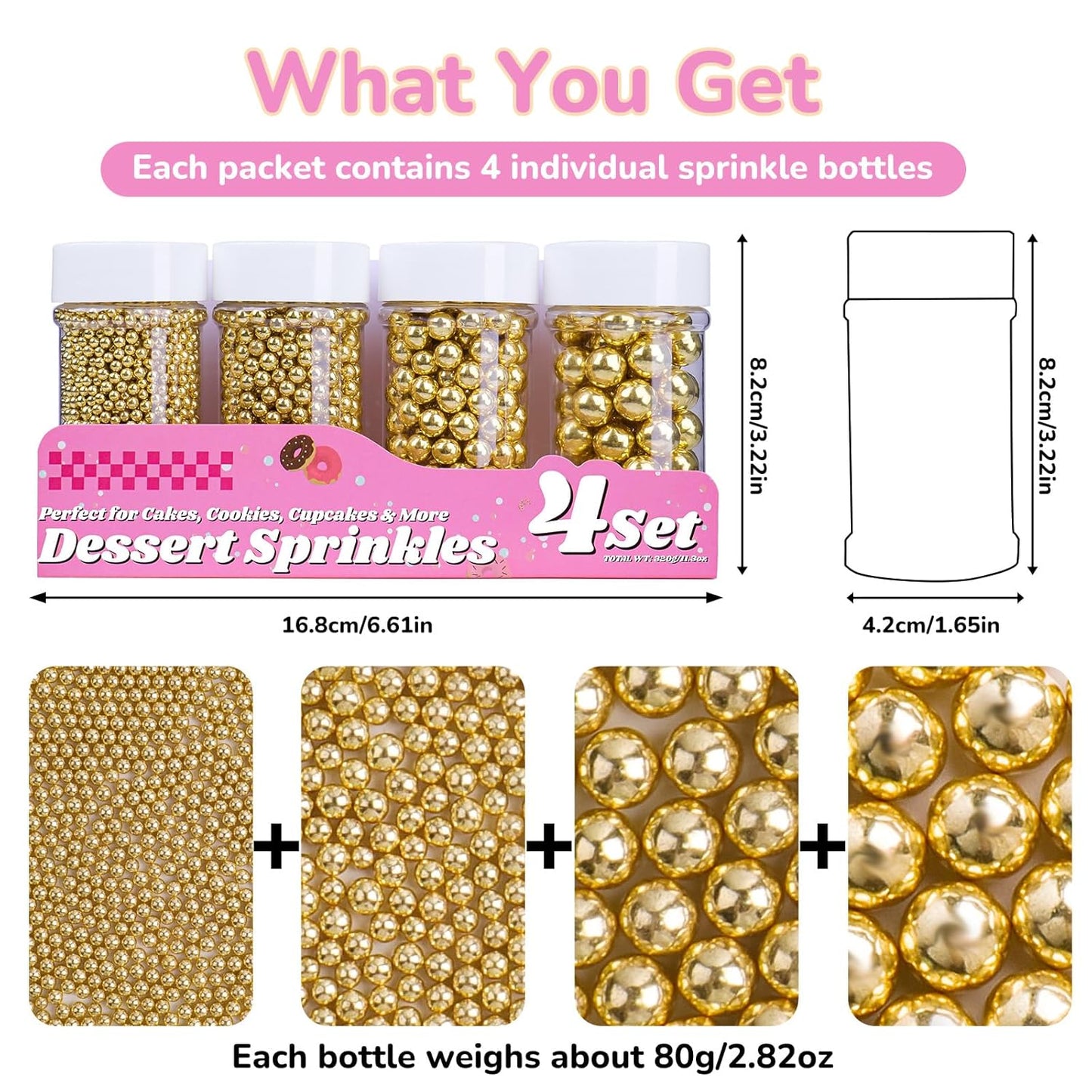 Gold Pearl Sprinkles for Cake Decorating, 11.3 Oz Edible Pearls Sugar 4 Sizes Gift Box Set for Baking Cookie Ice Cream Cupcake Toppings