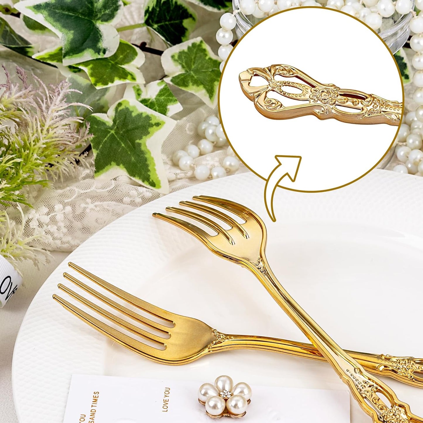 75PCS Gold Plastic Forks - 8.1inch Gold Forks Disposable - Vintage Heavy Duty Dessert Forks - Premium Fancy Plastic Silverware for Parties, Weddings, Dinners and Events