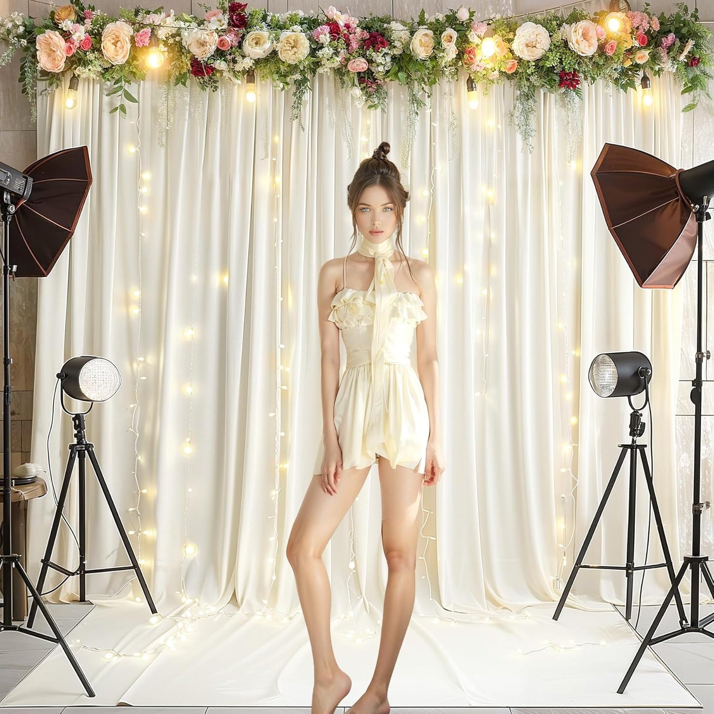 Ivory Backdrop Curtains with Lights for Baby Shower,10x10FT Wrinkle Free Ivory Drapes Photo Backdrop Curtains for Wedding Birthday Party Ceremony Photography Photoshoot Decorations-5ft x 10ft