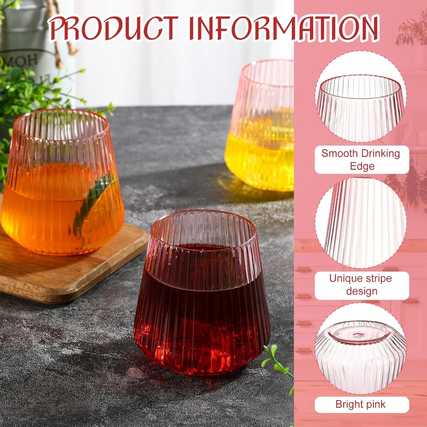 24 Pcs Pink Plastic Wine Glasses Ribbed Disposable Wine Glasses Unbreakable Stemless Champagne Whiskey Cups Ribbed Cocktail Plastic Cups for Wedding Home Office Bar (12 oz,Origami)