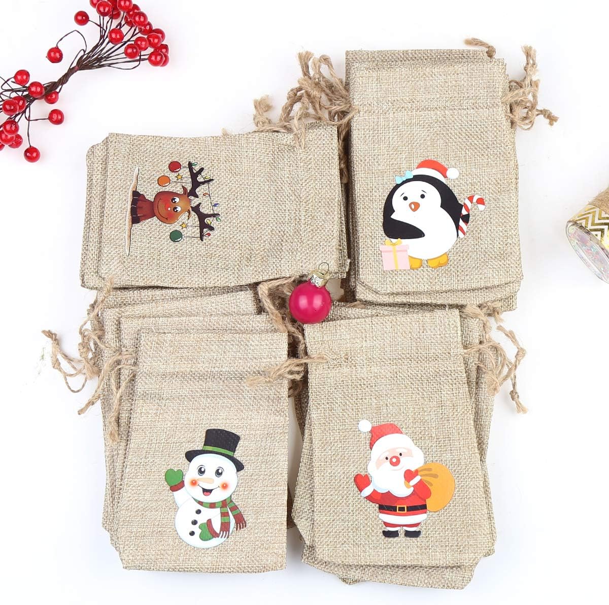 CCINEE 36pc Christmas Linen Bags with Drawstrings Christmas Burlap Goody Gift Bags with Double Jute Drawstrings, 4 designs Snowman, Santa Claus, Penguin and Reindeer
