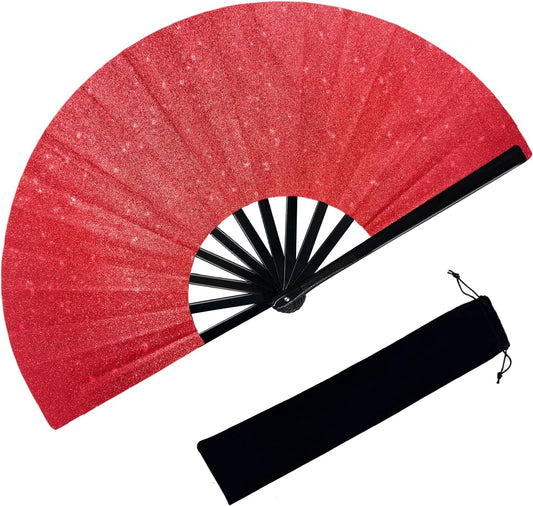 Glitter Large Fans Red Fans for Line Dancing Boots on The Ground Fan Shiny Popping Clacking Fan Hand Fans for Women Foldable Rave Accessories for Festival, Party, Club, Dance