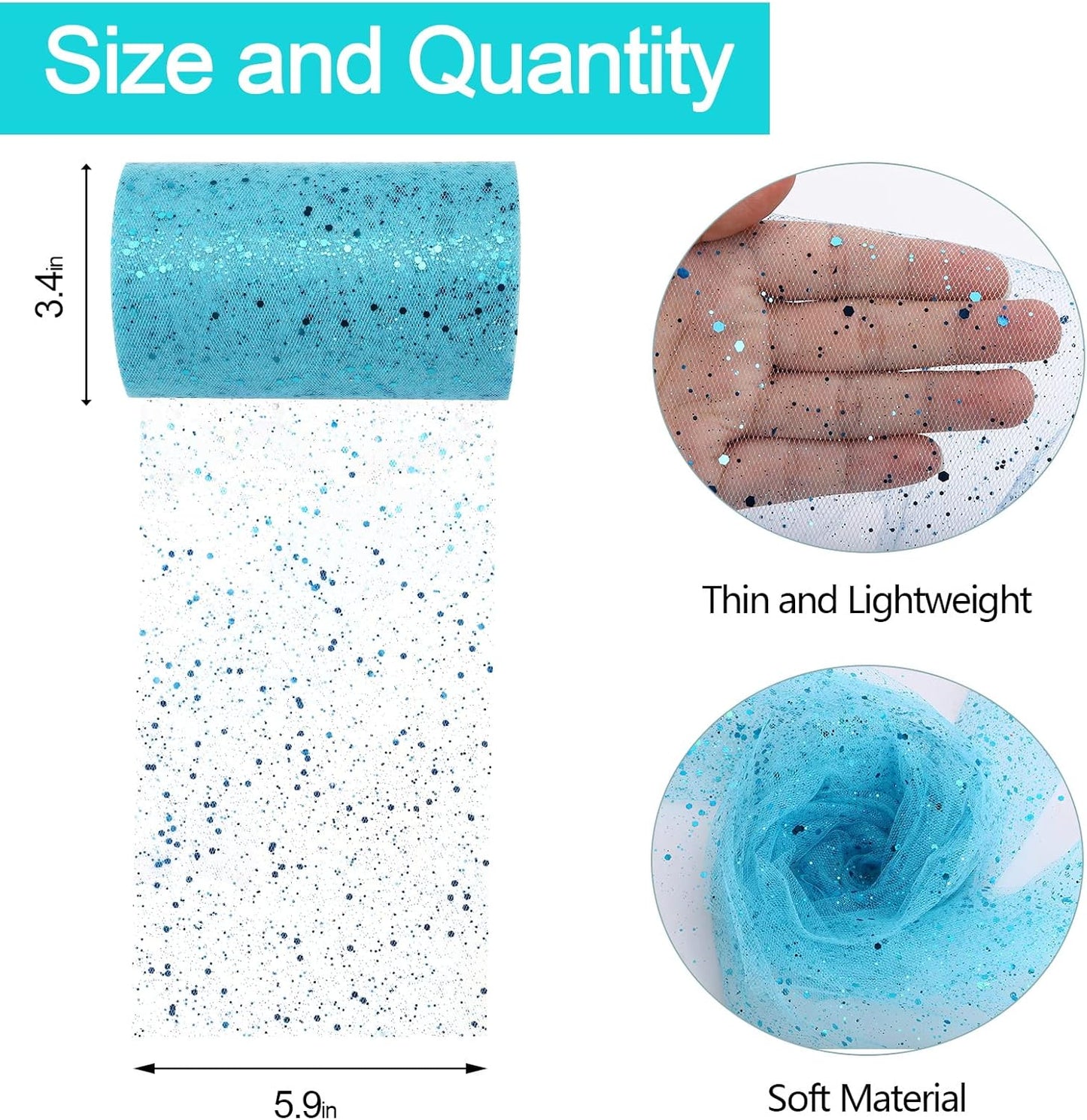 Glitter Tulle Rolls, 6” by 50 Yards (150FT) Sparkling Tulle Spool Ribbon Sequin Tulle Netting Fabric for Tutu Skirt Wedding Birthday Baby Shower (Light Blue)