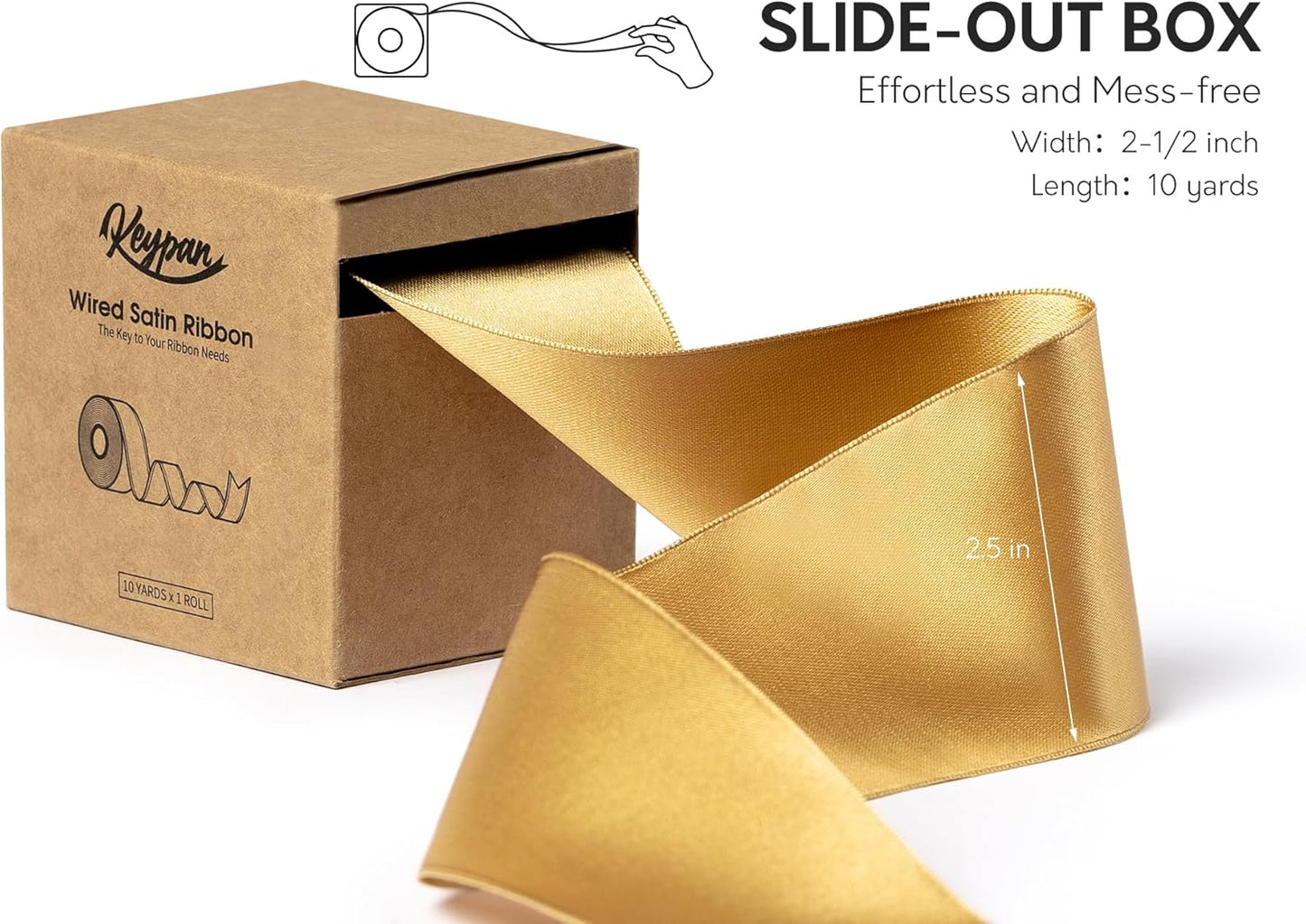 Gold Satin Ribbon Double-Faced Wired Ribbons for Gift Wrapping Flower Bouquet Bows Wedding Invitation Christmas Decor Crafts 2-1/2 Inch 10 Yards