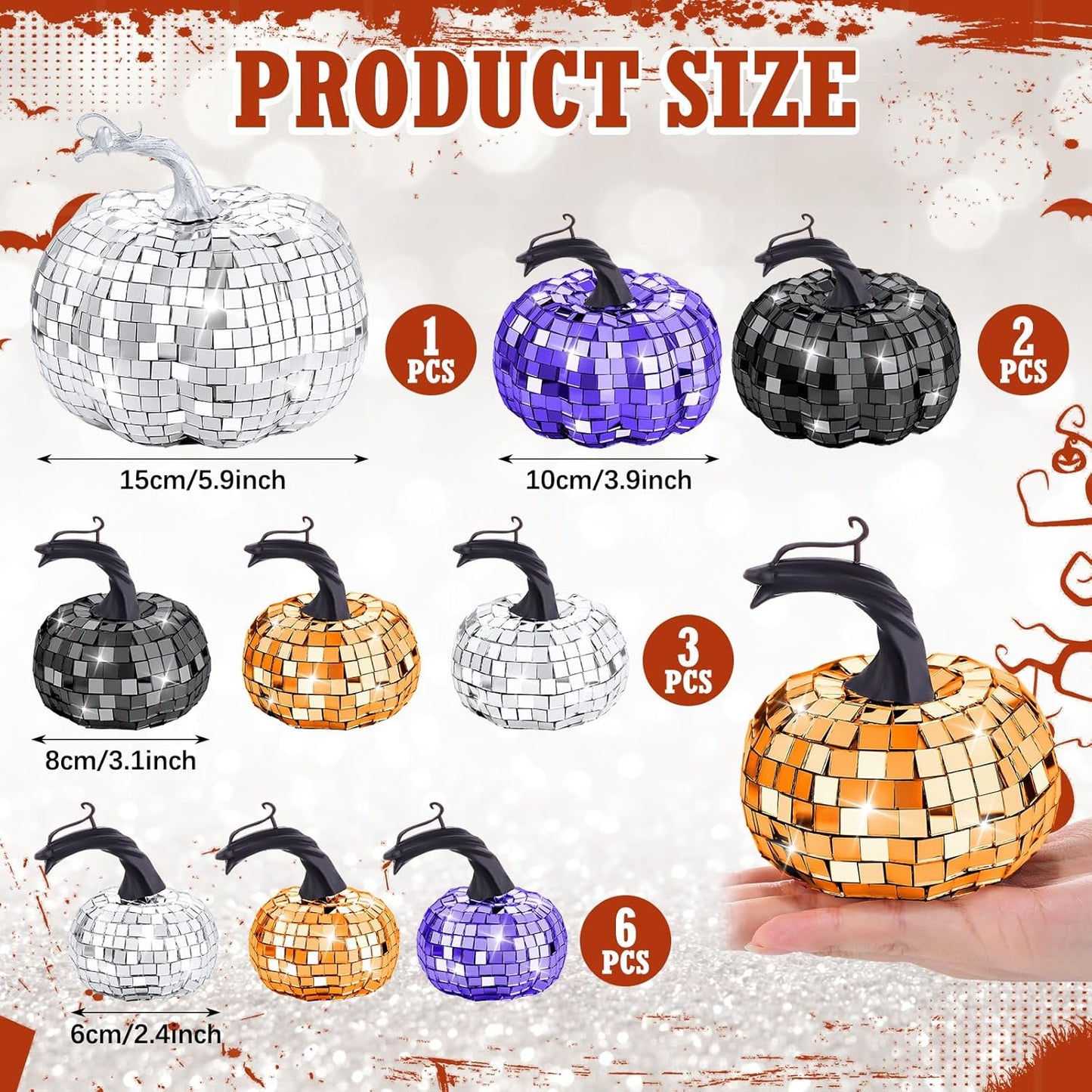 Lenwen 12 Pcs Artificial Disco Pumpkin Glitter Mirror Pumpkin for Decorating Fall Farmhouse Hanging Ornament Harvest Decor for Halloween Thanksgiving Table Centerpiece(Orange, Sliver, Black, Purple)