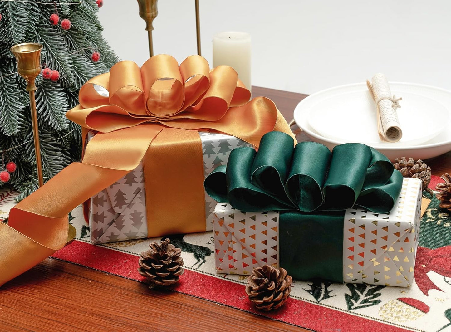 Green Satin Ribbon Double-Faced Wired Ribbons for Gift Wrapping Flower Bouquet Bows Wedding Invitation Christmas Decor Crafts 2-1/2 Inch 10 Yards