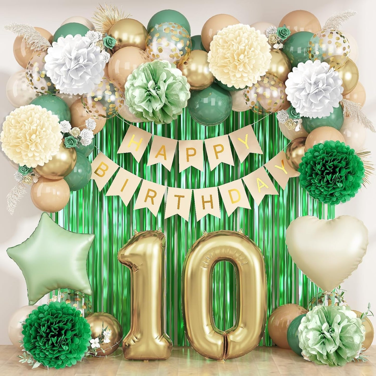 Sage Green 10th Birthday Decorations for Boys Girls Gold Number 10 Balloon Nude Gold Happy Birthday Banner Fringe Curtain Paper Pom Poms Olive Green Cream White Sand Star Foil Balloons Party Decor