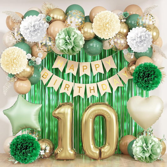 Sage Green 10th Birthday Decorations for Boys Girls Gold Number 10 Balloon Nude Gold Happy Birthday Banner Fringe Curtain Paper Pom Poms Olive Green Cream White Sand Star Foil Balloons Party Decor