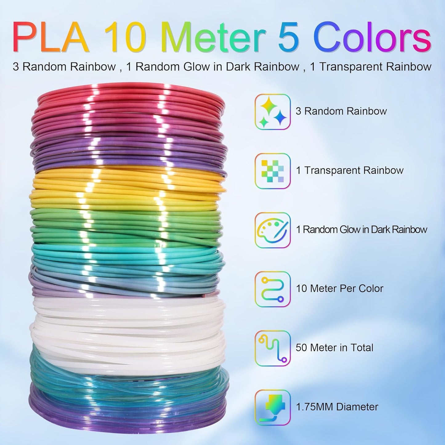 MIKA3D 5 Colors 3D Printing Pen Filament Refill, Each 10m, One Glowing in Dark PLA, One Clear Rainbow, 3 Different Color Silk Rainbow PLA, Total 50m 3D Printer Filament Sample Pack