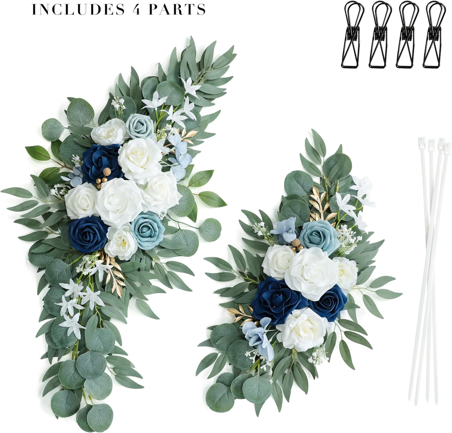 Artificial Dusty Blue Wedding Arch Flower Swags Set of 2 for Welcome Signs Floral and Wedding Reception Ceremony Decorations, White Flowers Decor