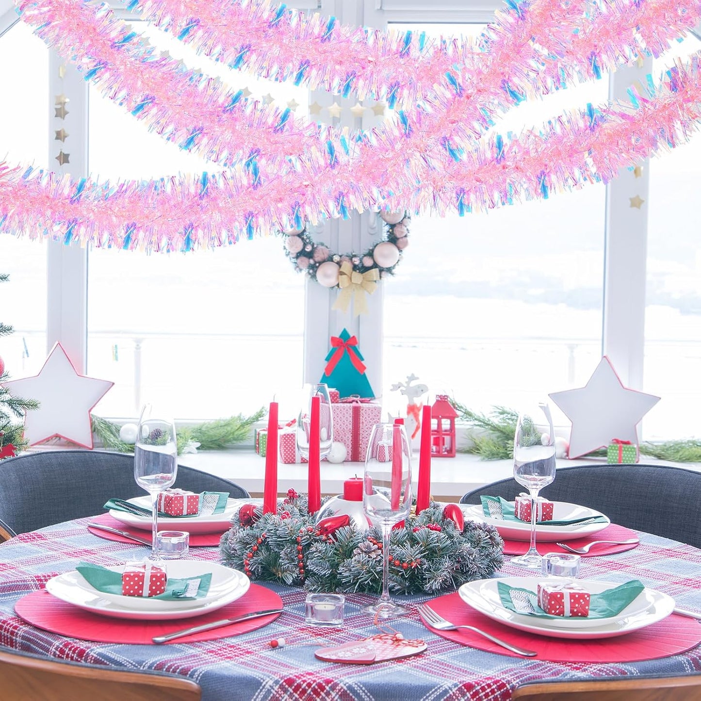 72 Feet Christmas Tinsel Garland Shiny Metallic Tinsel Twist Garland Streamers Ornaments Long Glitter Christmas Tree Hanging Decorations for Party Holiday Wedding Birthday Tree Wall Rail (Pink)