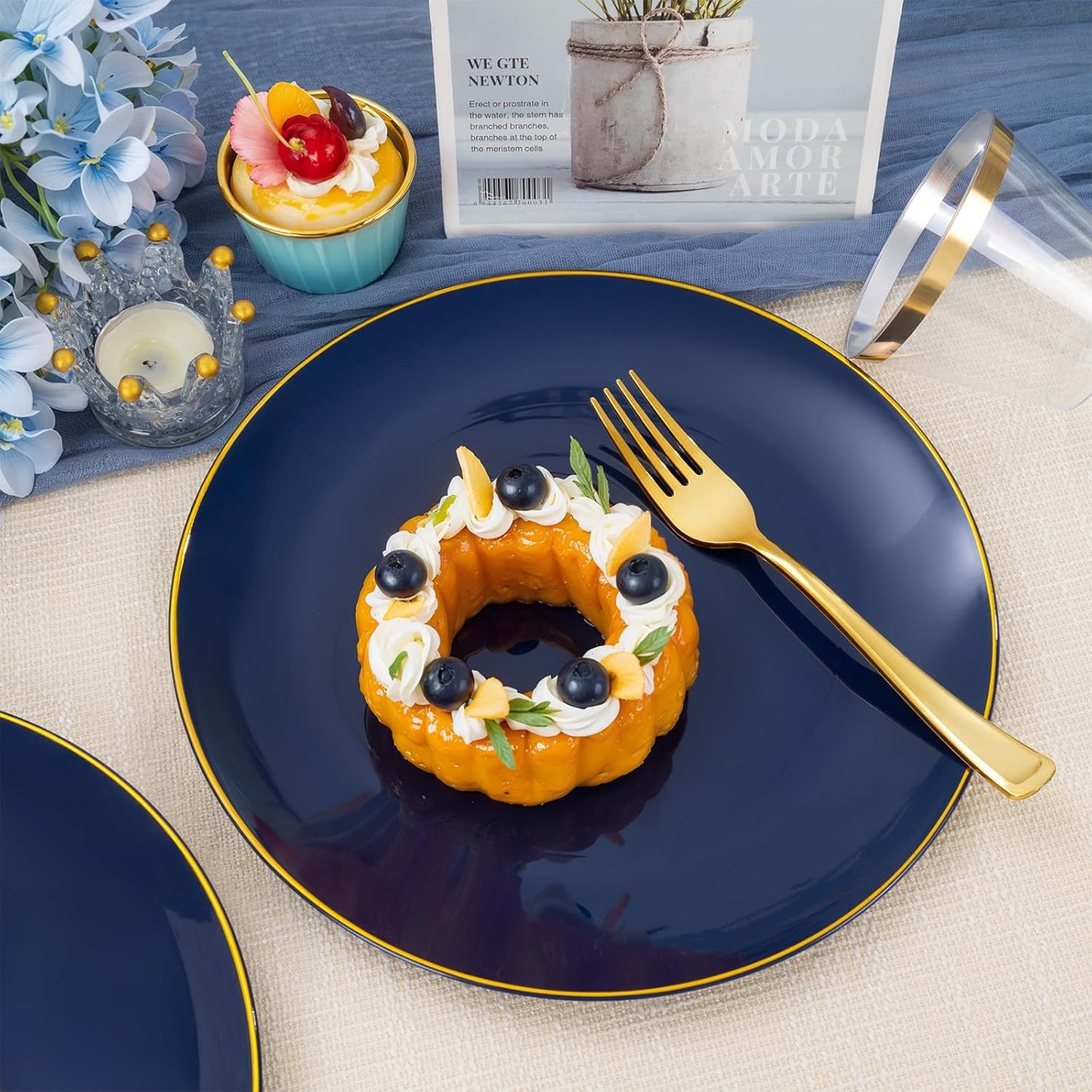 NOCCUR 350PCS Navy Blue Plastic Plates - Blue Disposable Dinnerware Set for 50 Guests, 100 Dinner/Dessert Plates, 150 Gold Silverware, 50 Cups&50 Napkins for Party/Wedding/Hanukkah