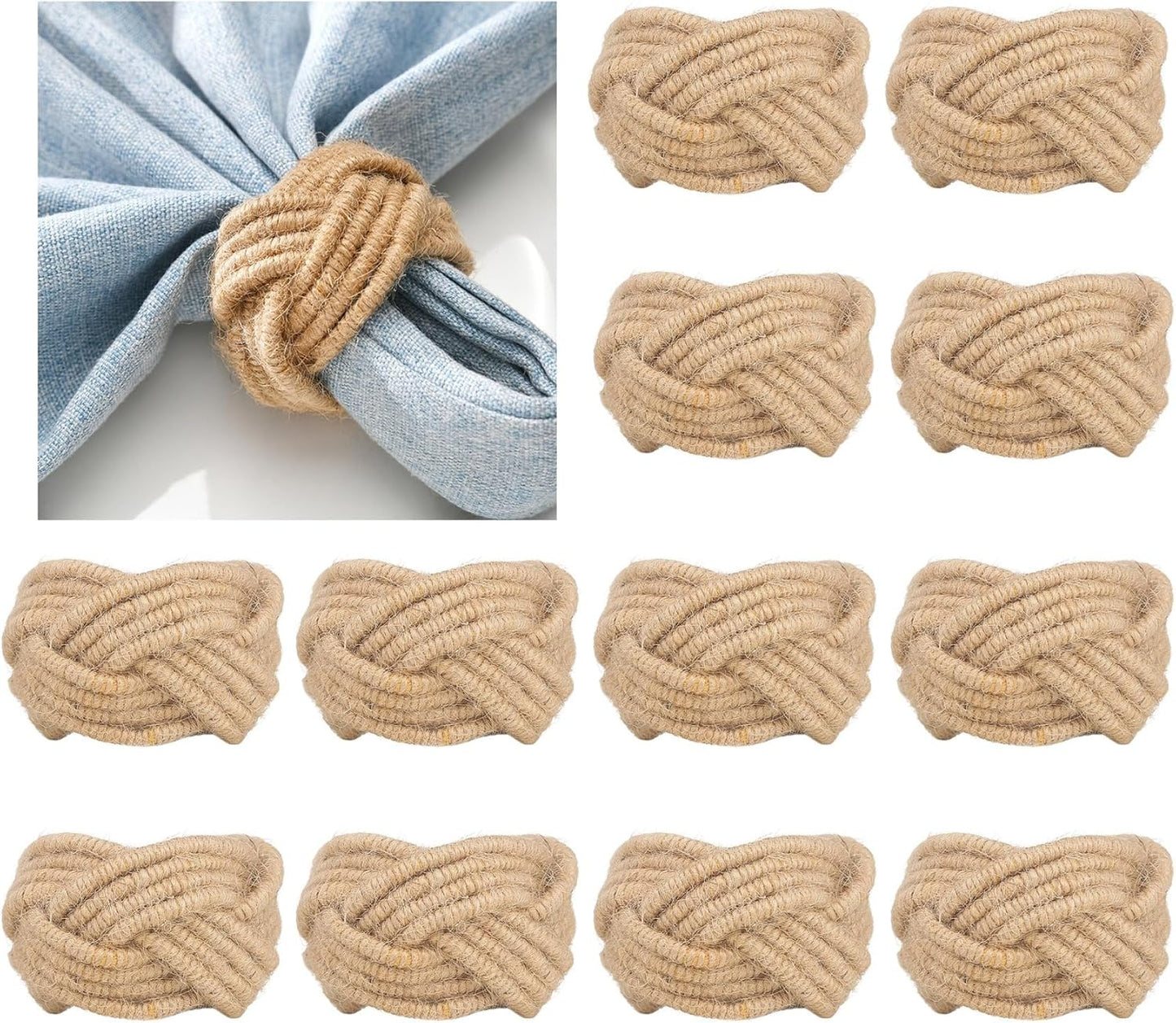 Woven Napkin Rings Set of 12, Farmhouse Burlap Cotton Yute Napkin Rings for Holiday Dinner Birthday Wedding Thanksgiving Christmas Banquet Party Decoration of Table Setting Decor(Yute 12)