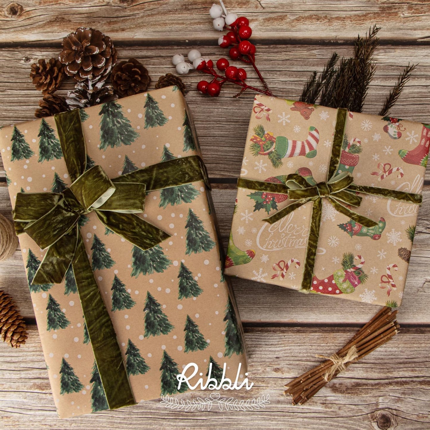 Ribbli Moss Green Velvet Ribbon 1 Inches Luxury Crinkled Green Christmas Ribbon for Gift Wrapping Crafts Home Decor-Continuous 10 Yard