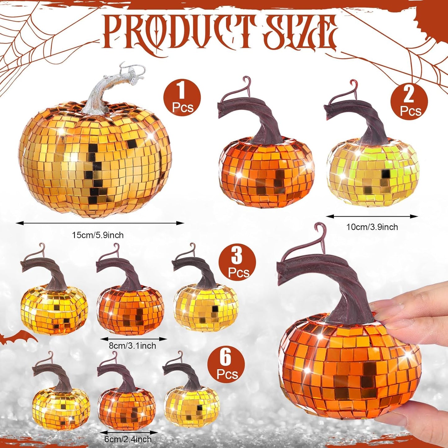 Lenwen 12 Pcs Artificial Disco Pumpkin Glitter Mirror Pumpkin for Decorating Fall Farmhouse Hanging Ornament Harvest Decor for Halloween Thanksgiving Table Centerpiece(Orange, Gold, Dark Gold)