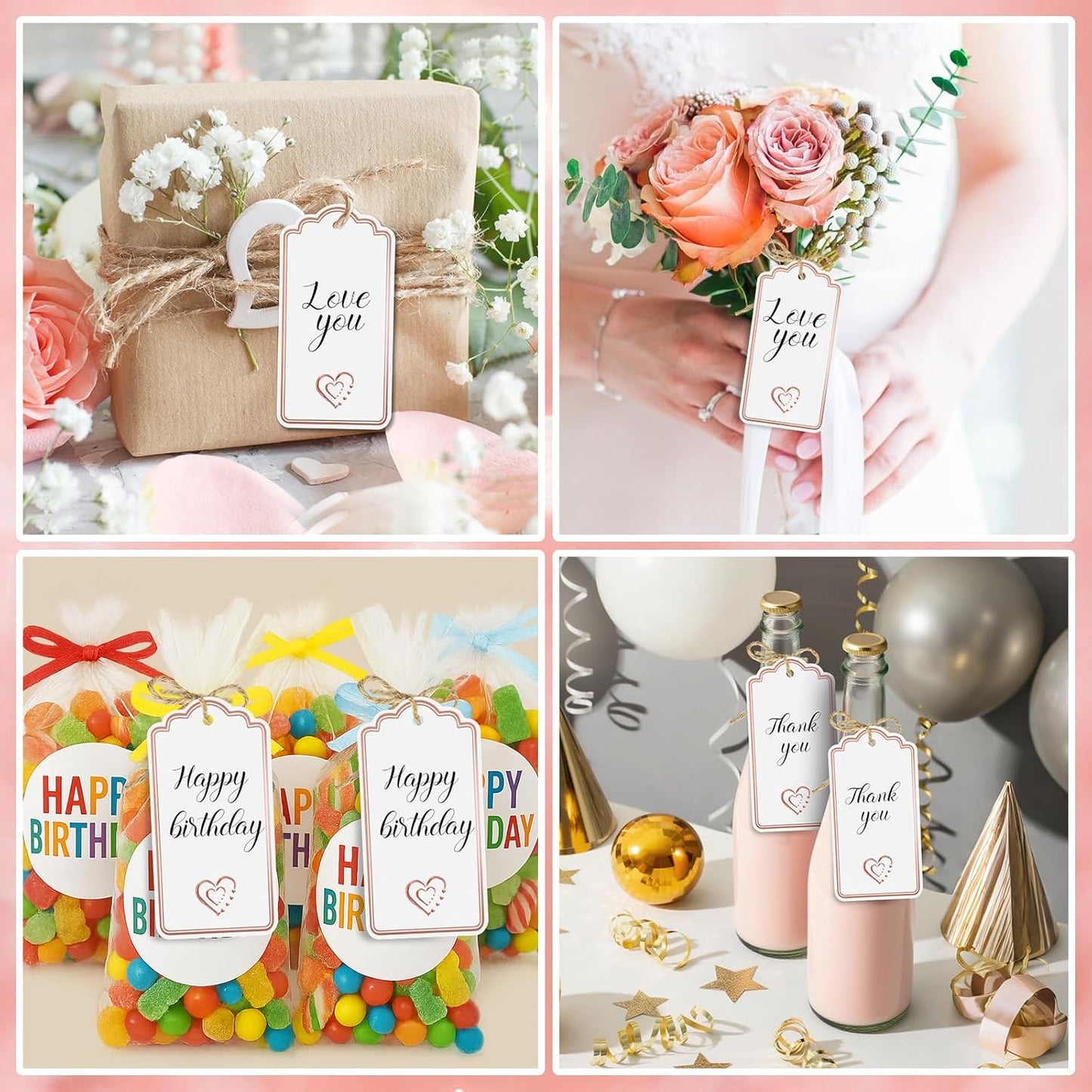 120 PCS Gift Tags with String Attached Foil Rose Gold Heart Paper Tags Writable Blank Tag for Gift Bags Wedding Baby Shower Birthday Presents Labeling DIY Craft Project Stocking Stuffers 3.5''×2''