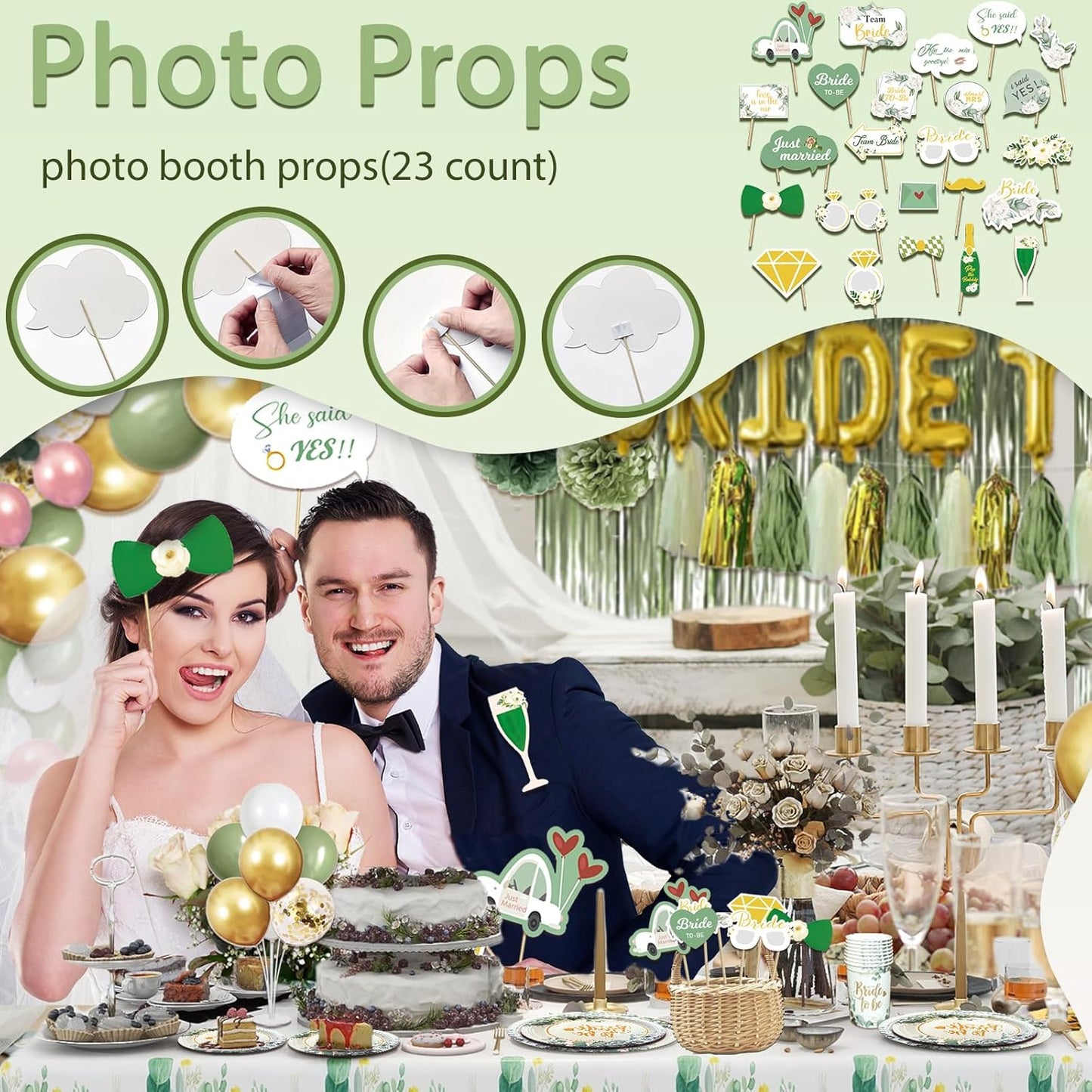 310 Pcs Sage Green Bridal Shower Decorations, Bachelorette Party Decorations Favors - "BRIDE TO BE" Banner, Veil, Balloon, Photo Props, Tableware with Eucalyptus Leaf for 25 Guests