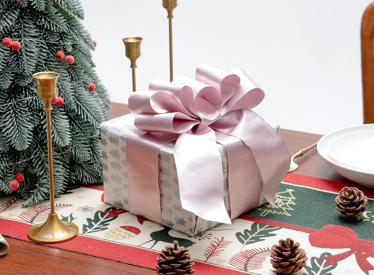 Pink Satin Wired Ribbon 2-1/2 Inch Double-Faced Sliver Glitter Ribbons for Valentines Day Tree Decoration Gift Wrapping Home Decor 10 Yards