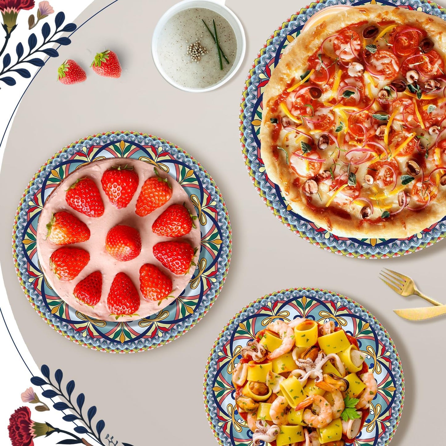 100PCS Boho Paper Plates (50×7 Inch & 50×9 Inch)–Vintage Bohemian Style Disposable Plates, Dessert Party Dinner Plates, Dinnerware Plate Set for Birthday Gatherings