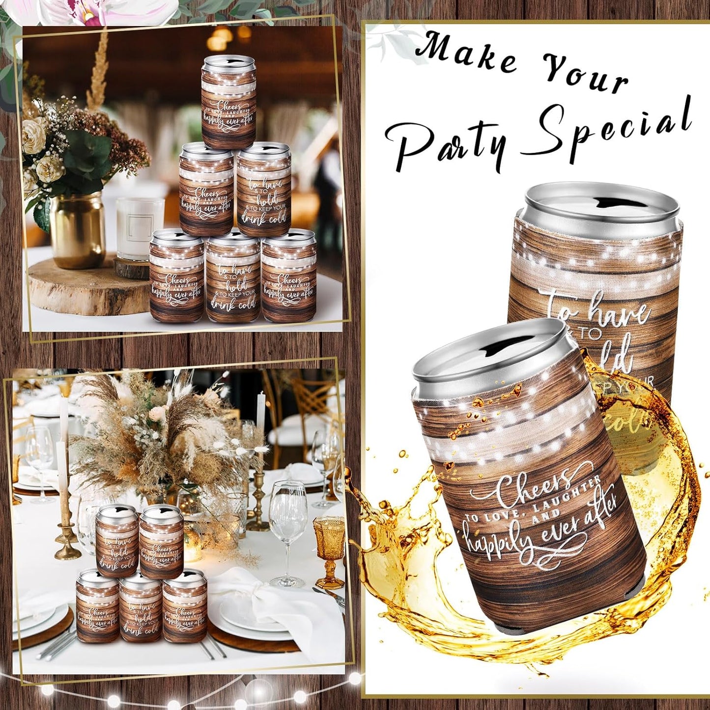50 Pieces Wedding Can Cooler Bulk Engagement Party Favors for Guests Cheers to Love Laughter and Happily Ever After Rehearsal Dinner Decorations for Wedding Bridal(Wood Grain,Cute)