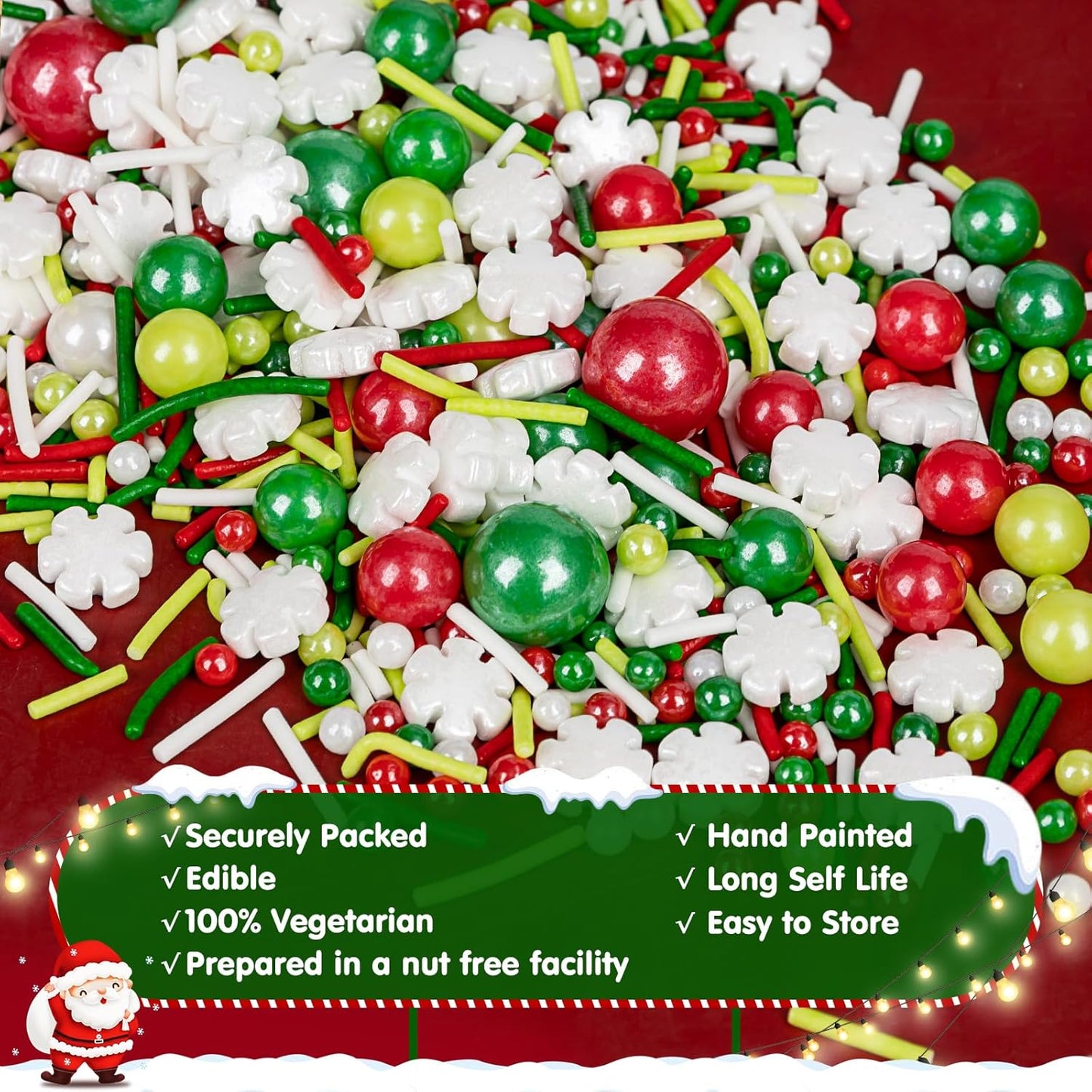 Christmas Snowy Night Sprinkles for Cake Decorating,130g White Snowflake and Red White Green Pearls and Jimmies Mix,Edible Sugar Holiday sprinkle for Cupcake Toppers, Cookie, Ice Cream Decorations Christmas Party