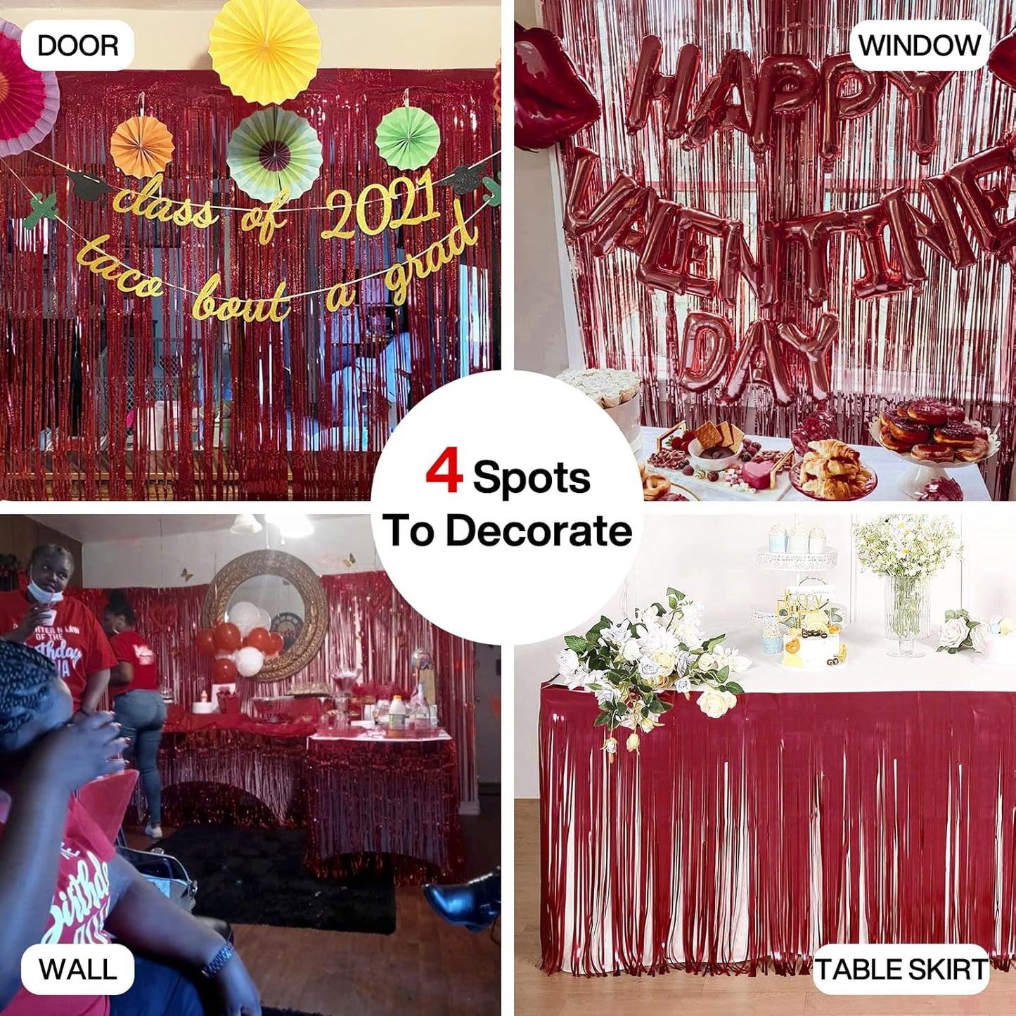 PartyWoo Red Streamers Fringe Curtain Backdrop 2pcs 8.2 ft Red Tinsel Foil Backdrop for Birthday Graduation Bachelorette Citizenship Strawberry Cherry Casino Movie Marry Me Theme Party Decorations