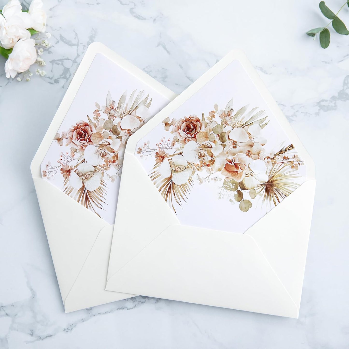 PONATIA 50PCS A7 Euro Flap Ivory Envelope, 5.25 x 7.25'' Boho Flowers Liner Envelopes for Wedding Invitations, Photos, Postcards, Greeting Cards, Acrylic Mailing, 5 x 7 Envelopes