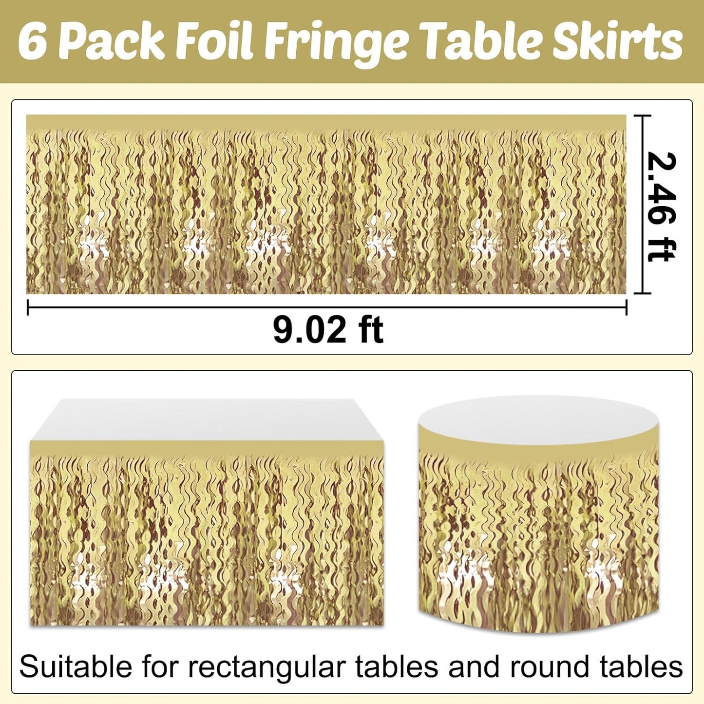 6 Pack 29x108 Inch Light Gold Wave Foil Fringe Table Skirts Metallic Banner for Tinsel Streamer Garland Backdrop for Parade Floats Wedding, Mother's Day, Birthday Mardi Gras Party Decorations