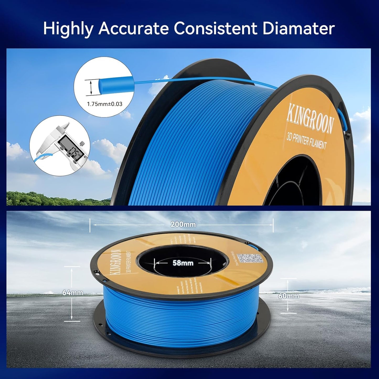 Kingroon PLA Filament 1.75mm 3D Printer Filament Blue Pla Filament 1kg Filament Dimensional Accuracy +/- 0.02mm, Fit Most FDM Printer,Light Blue