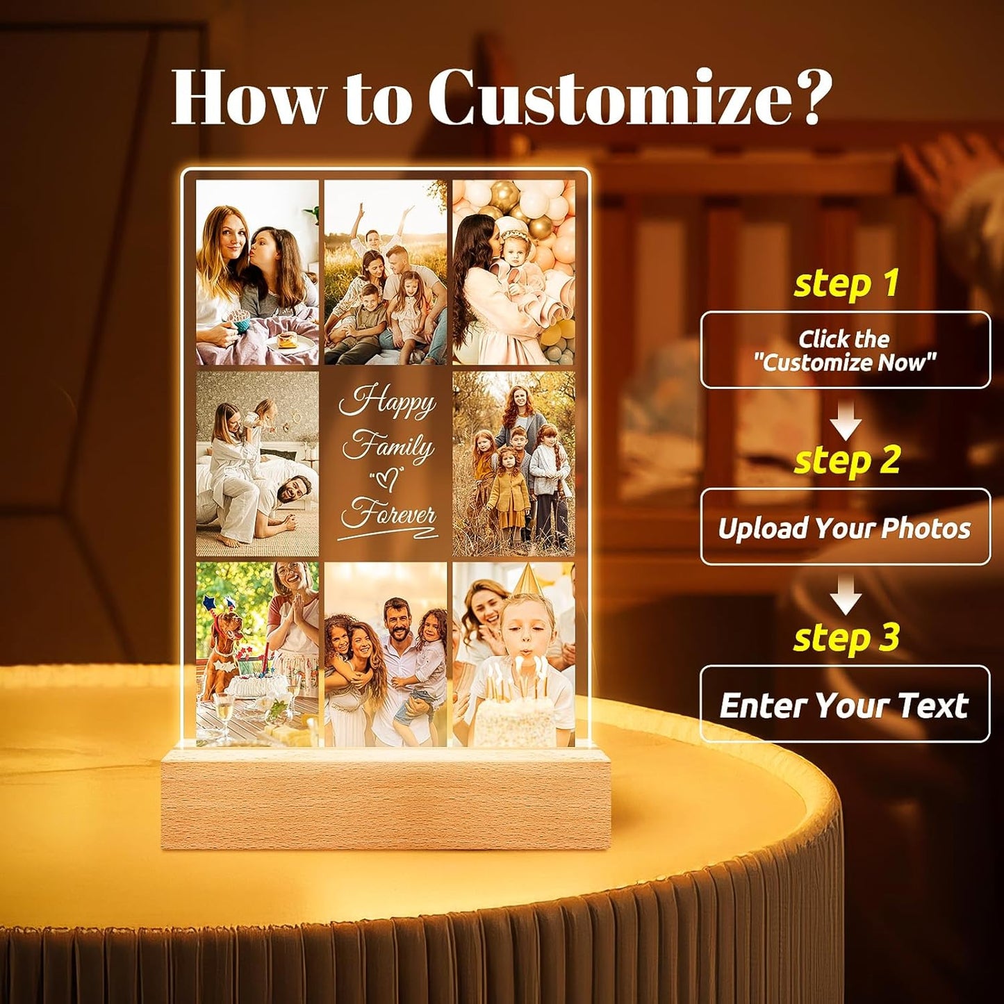 Personalized Collage Picture Frames with Photos, Custom Photo Frame with Night Light, Customized Birthday Gifts, Personalized Gifts for Women Men Mom Dad Kids Baby Family Friends