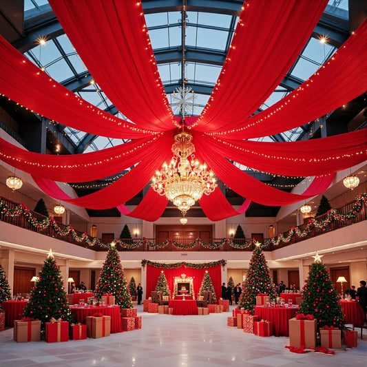 PartyVillage 2 Panels 5ftx30ft Red Ceiling Drapes for Wedding Parties – 30 FT Extra Long Thick Polyester Wrinkle-Free Drapery Tent Decor Decorations for Birthday Party Ceremony Stage Swag