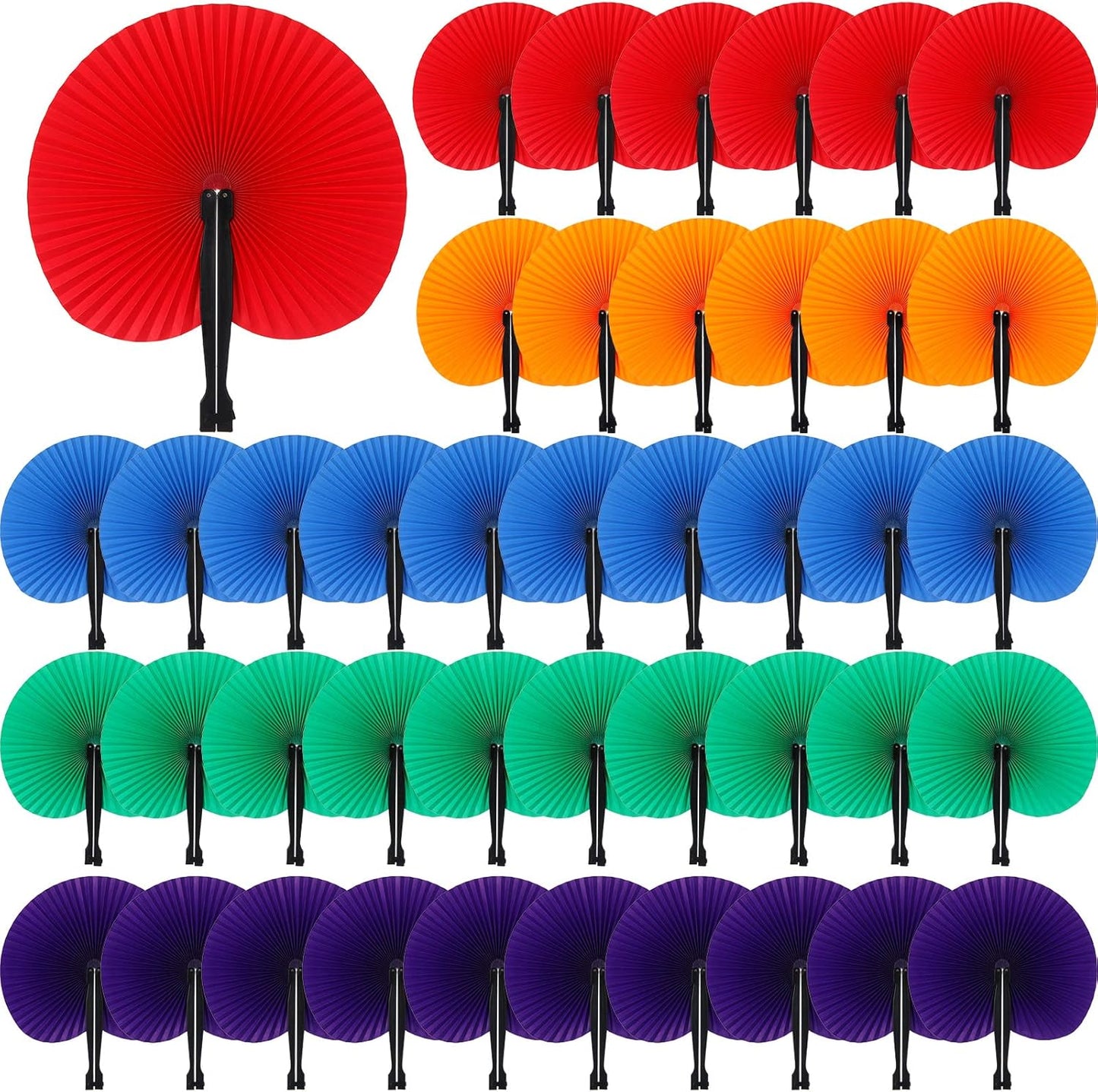Handepo 200 Pieces Wedding Fans Folding Paper Fans Paper Fans Round Shaped Folding Fans Handheld Fan with Plastic Handle for Wedding Celebration Birthday Party Favor (Bright Colors)