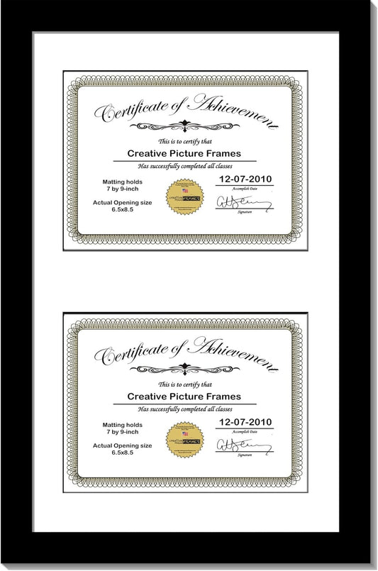 Creative Picture Frames 10X16Bk-W Black Vertical Double Diploma Frame With 2 Opening White Matting | Holds 2-6X8-Inch Documents With Installed Wall Hanger (White Mat-Vertical Black Frame, 7X9)