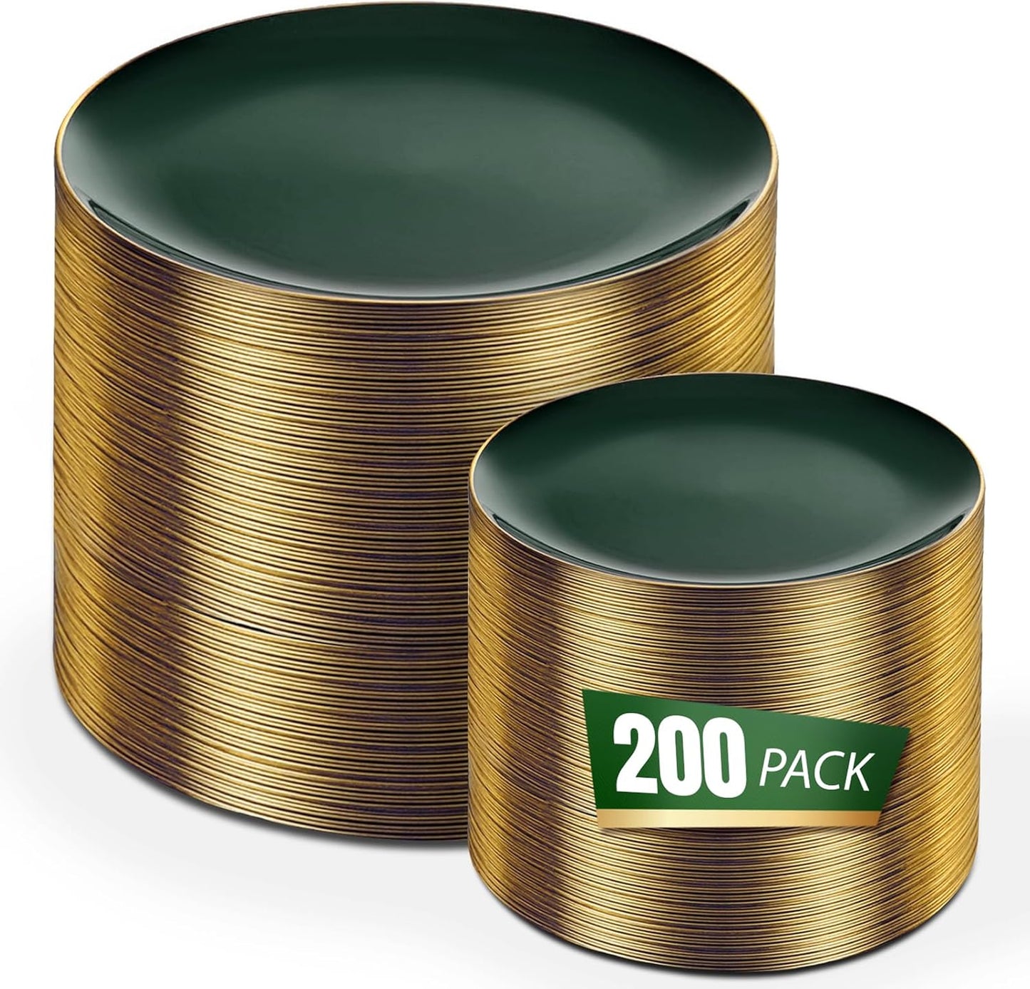 bUCLA 200PCS Green Plastic Plates - Green Disposable with Gold Rim Include 100 Dinner 10 inch & 100 Dessert 7 inch Plates, Ideal for Party & Christmas