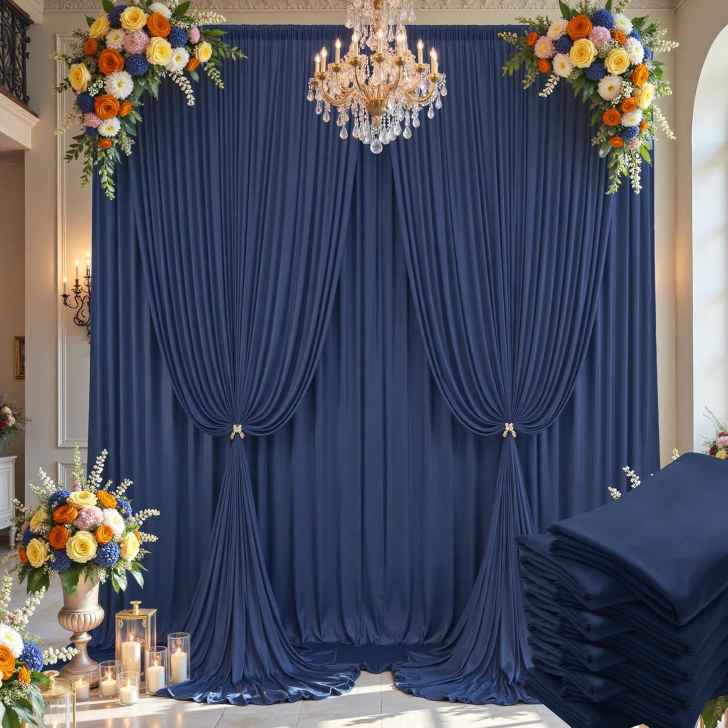 50×14ft Wrinkle Free Navy Blue Backdrop Curtain for Wedding Parties,10 Panels 5×14ft Height Soft Silky Polyester Photo Backdrop Drapes Curtains for Birthday Photography Stage Events Background Cloth