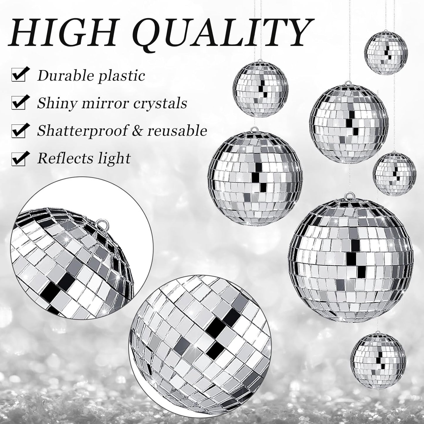 Funtery 100 Pcs Mirror Disco Balls Bulk Assorted Silver Hanging Disco Ball Decor for Home Wedding Birthday Dance Music 70 S Theme Party Christmas Tree Ornaments(1.2'',1.6'',2'',2.4'',4'')
