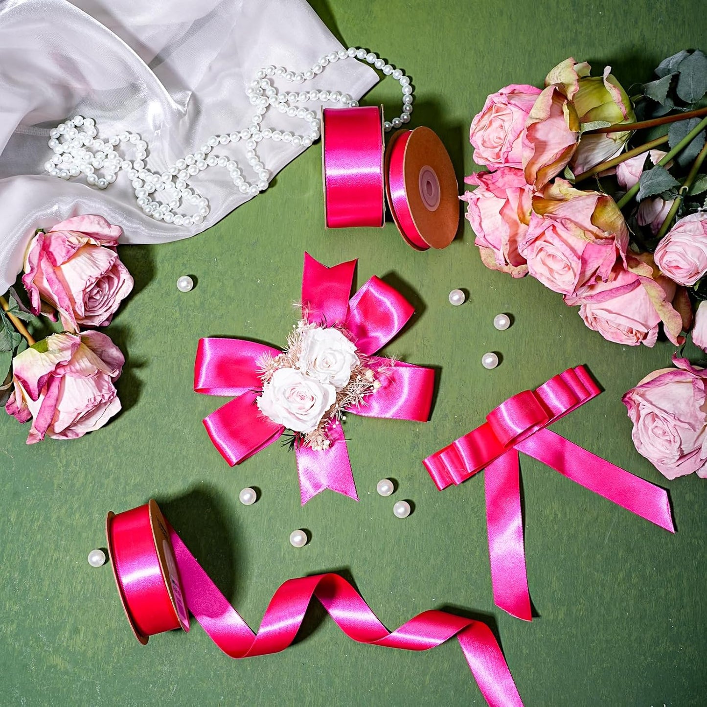 LaRibbons Hot Pink Satin Ribbon 3/8 Inch 25 Yards Luxury Double Faced Hot Pink Ribbon for Gift Wrapping Pink Breast Cancer Ribbons Flower Bouquet Crafts Wedding Party Christmas Decoration