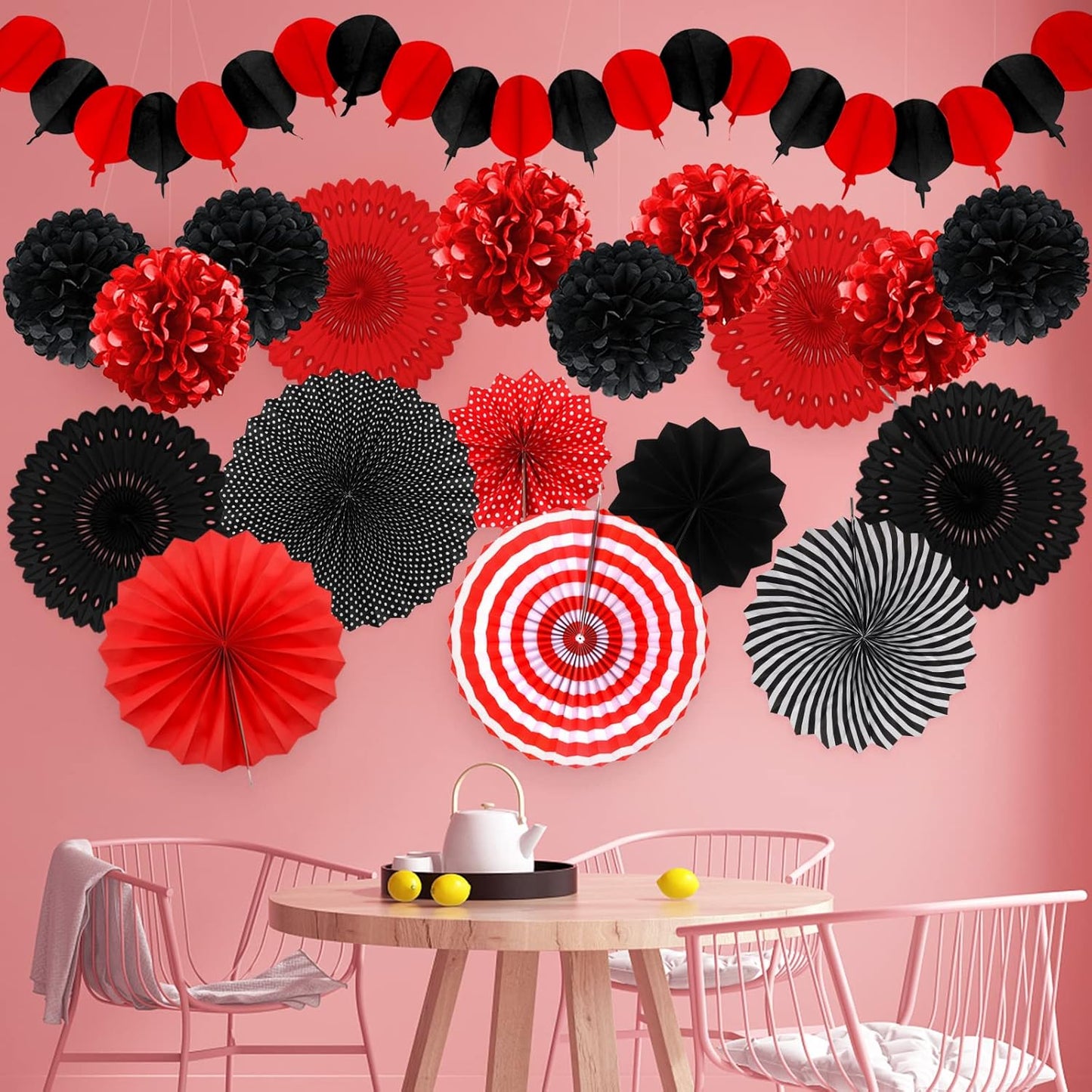 Red and Black Party Decorations, Papar Fans Pompoms Fans Garlands for Birthday Wedding Graduation Game Night Boy Girl Party Decorations