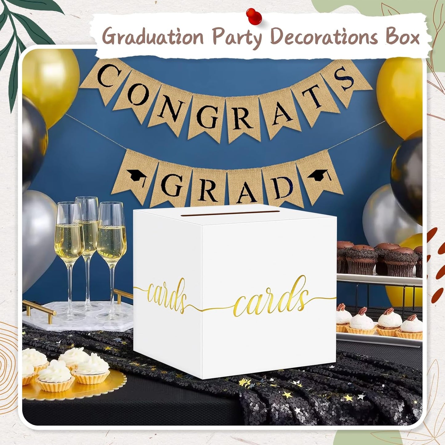 QIKSION White Wedding Card Box, Gold Foil Gift Card Box for Party, Wedding Reception, Birthday, Graduation, Baby Shower, Raffle