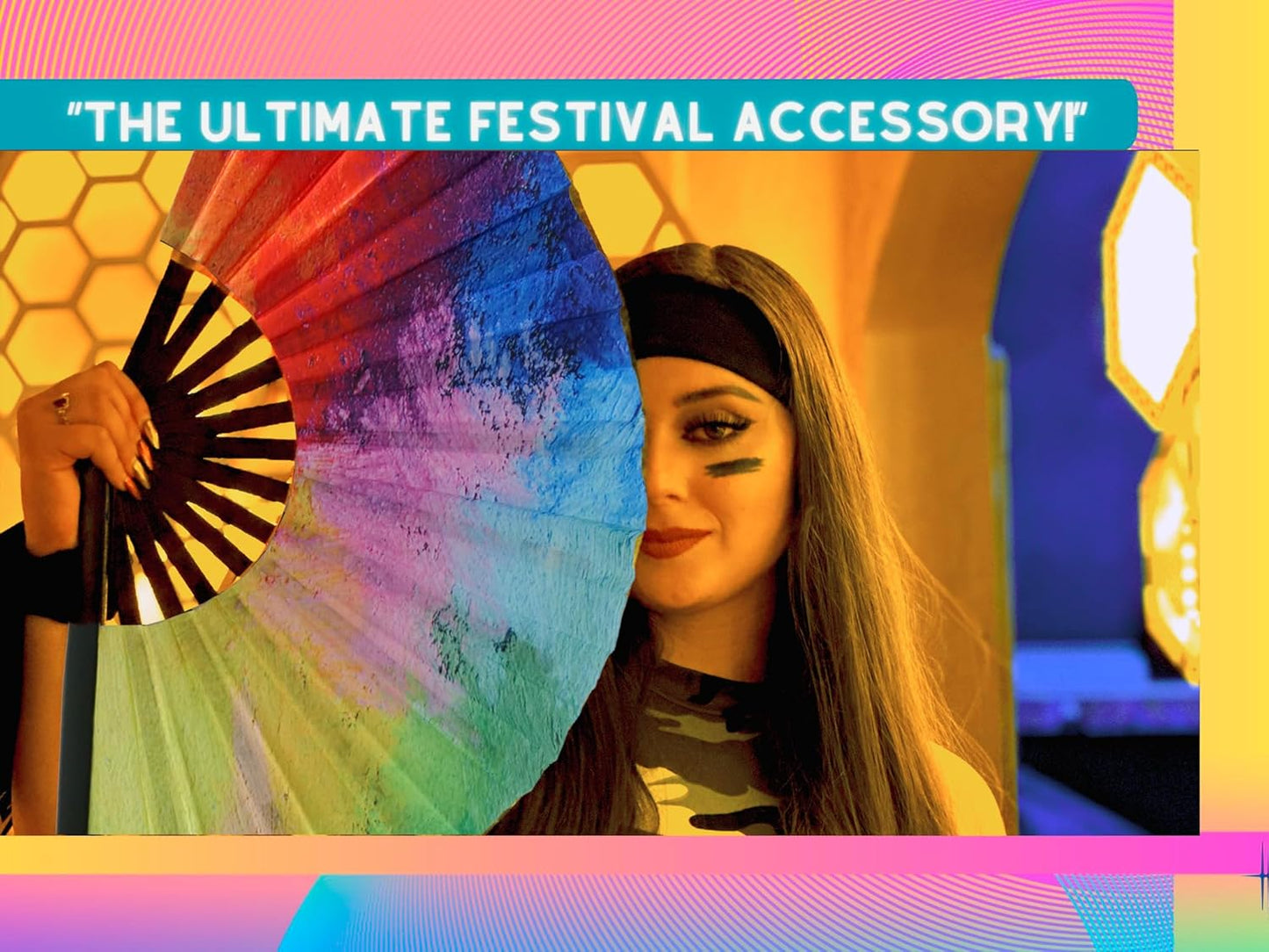 Rave Fan - Large Folding Fans (2 Pack) - Holder - Floral Paradise Design for Festivals, EDM, Burlesque, Drag Queen, Raver Gifts