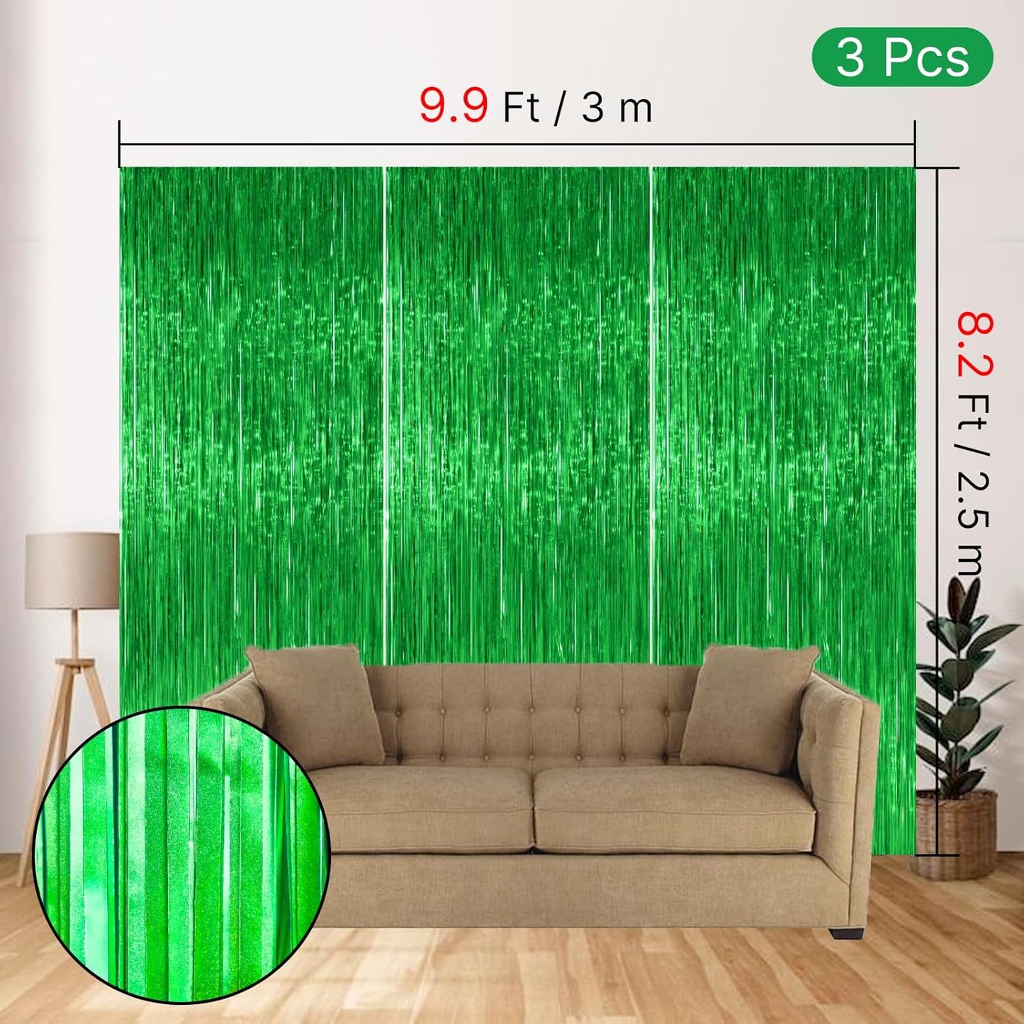 PartyWoo Green Streamers Backdrop 3pcs Green Tinsel Foil Fringe Streamer Curtains 8.2 FT Curtains Photo Backdrop for Graduation Birthday Dinosaur Jungle Golf Football Theme Party Decorations