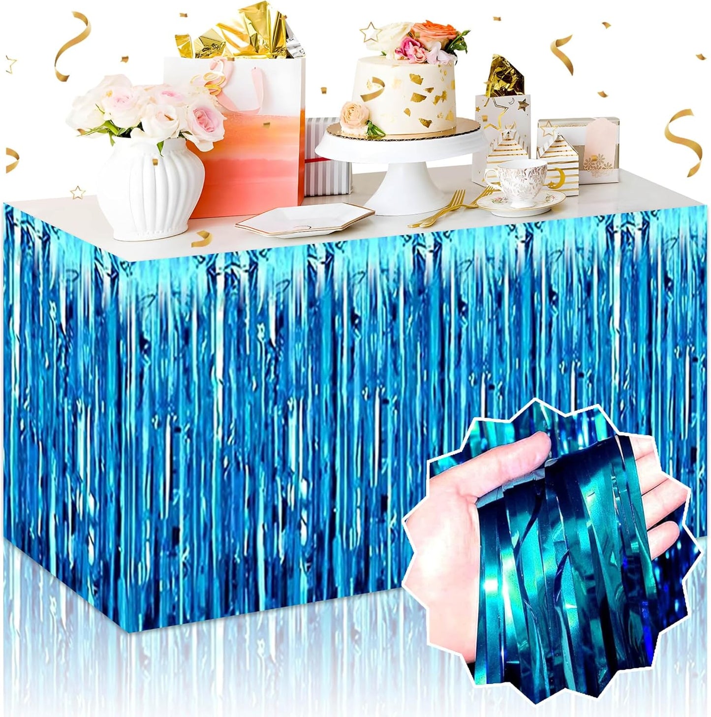 3 Pack 29 x108 Inch Lake Blue Foil Fringe Table Skirts Metallic Banner for Tinsel Streamer Garland Backdrop for Parade Floats Mother's Day, Graduate, Birthday, Wedding Party Decoration