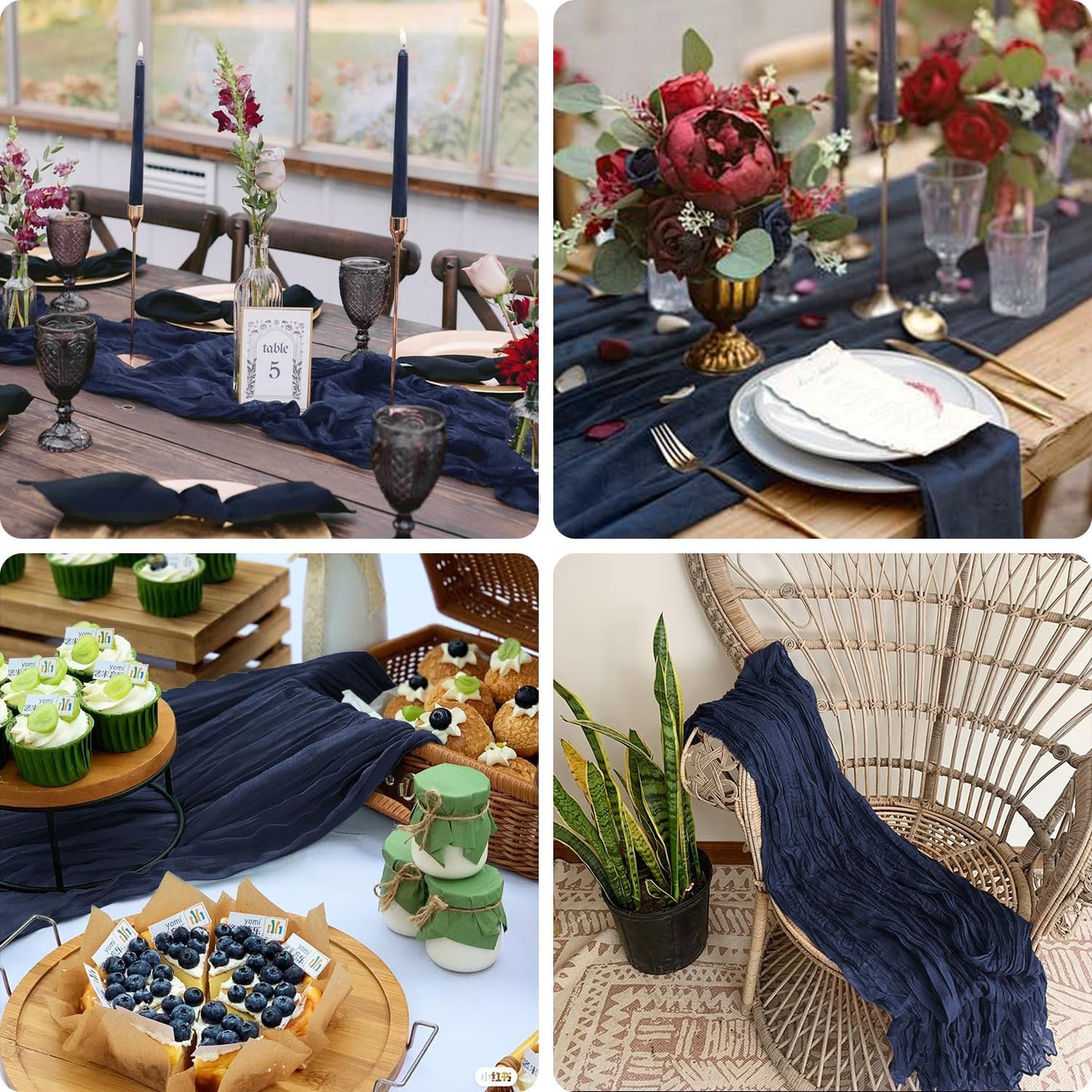 3 Pack Navy Blue Cheesecloth Table Runner 10FT Boho Gauze Cheese Cloth Table Runner Blue for Wedding Party Baby Shower Birthday Summer Home Decor Holiday Decorations