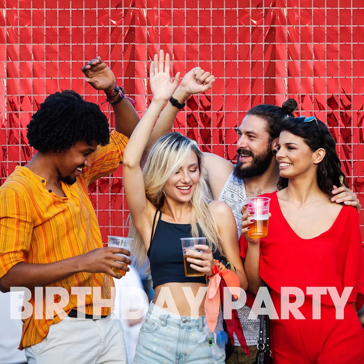 2 Pcs Red Foil Fringe Square Curtain Backdrop - Blue Streamers Party Decorations, Sequin Square Curtain Photo Backdrop Props for Birthday Party Graduation Bachelorette Wedding Decor, 3.3 x 6.6 Ft